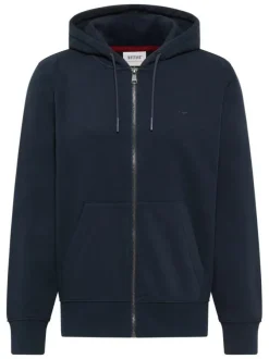Sweat zippé en coton mélangé marine uni avec une coupe droite et une capuche