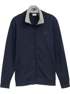 Sweat zippé en coton mélangé marine uni à coupe droite avec col montant