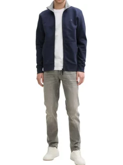Sweat zippé en coton mélangé marine uni à coupe droite avec col montant