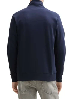 Sweat zippé en coton mélangé marine uni à coupe droite avec col montant