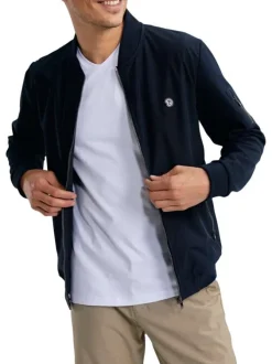 Sweat zippé en coton mélangé marine uni pourvu d'une coupe droite