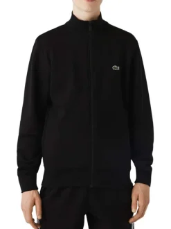 Sweat zippé en coton mélangé noir uni coupe droite avec un col montant