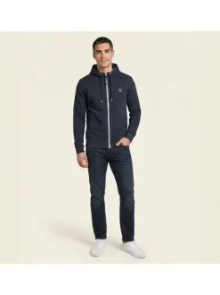 Sweat zippé en coton mélangé nuit uni avec une coupe droite et une capuche