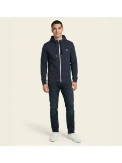 Sweat zippé en coton mélangé nuit uni avec une coupe droite et une capuche