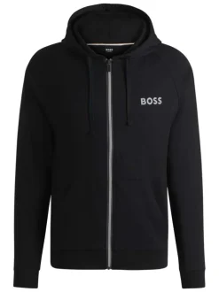 Sweat zippé en coton noir uni avec une coupe droite et un col à capuche