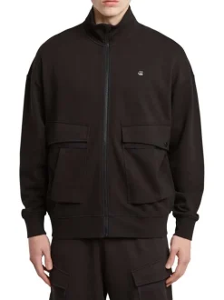 Sweat zippé en coton noir uni avec une coupe droite et un col montant