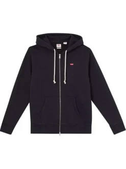 Sweat zippé en coton noir uni à coupe droite avec logo rouge et col à capuche