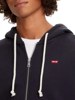 Sweat zippé en coton noir uni à coupe droite avec logo rouge et col à capuche