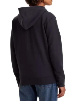 Sweat zippé en coton noir uni à coupe droite avec logo rouge et col à capuche