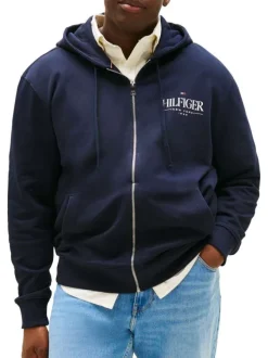 Sweat zippé grande taille en coton marine uni coupe ajustée et un col à capuche