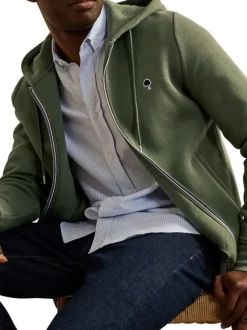 Sweat zippé kaki uni avec une coupe droite et un col à capuche