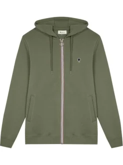 Sweat zippé kaki uni avec une coupe droite et un col à capuche