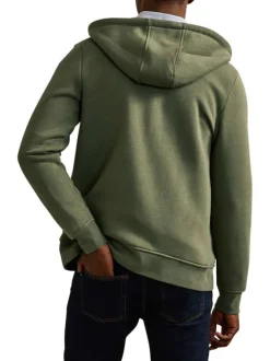 Sweat zippé kaki uni avec une coupe droite et un col à capuche