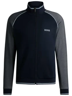 Sweat zippé manches longues en coton mélangé marine uni avec une coupe droite