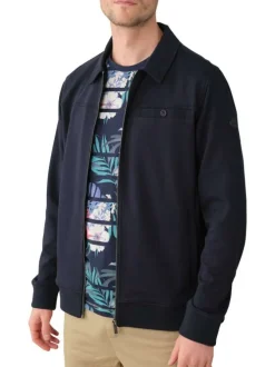 Sweat zippé marine uni avec une coupe droite un col polo et 3 poches