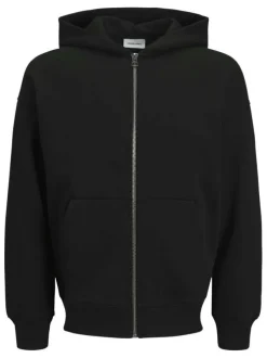 Sweat zippé noir uni avec une coupe droite et un col à capuche