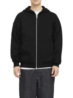 Sweat zippé noir uni avec une coupe droite et un col à capuche