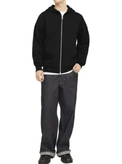 Sweat zippé noir uni avec une coupe droite et un col à capuche