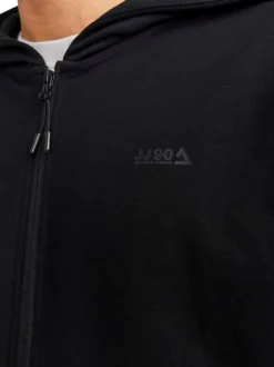 Sweat zippé noir uni coupe droite avec un col à capuche et flocage