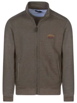 Sweat zippé taupe uni coupe ajustée col montant avec un logo brodé