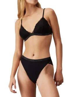 Tanga noir uni en dentelle noire avec taille élastiquée et marque beige