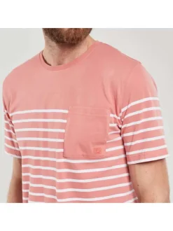 Tee-shirt en coton rose pâle rayé avec une poche à la poitrine