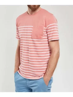 Tee-shirt en coton rose pâle rayé avec une poche à la poitrine