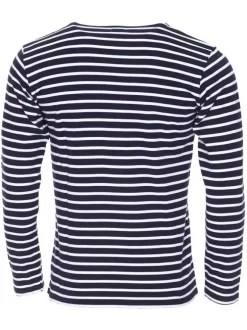 Tee-shirt manches longues Houat en coton bleu marine rayé blanc présentant une encolure bateau