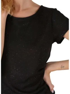 Tee-shirt noir chiné à manches courtes avec des paillettes argentées cousues