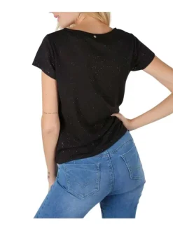 Tee-shirt noir chiné à manches courtes avec des paillettes argentées cousues