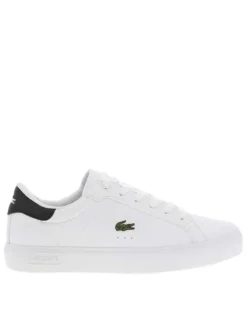 Tennis blanches à talon noir avec le logo imprimé et à semelle plate