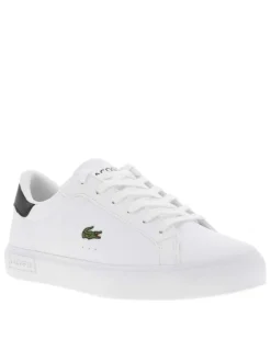 Tennis blanches à talon noir avec le logo imprimé et à semelle plate