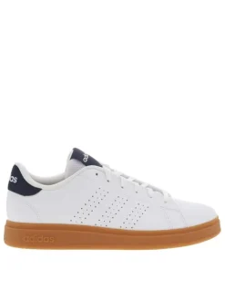 Tennis blanches et bleues à semelle camel avec lacets plats et bandes perforées