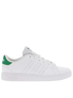 Tennis blanches et vertes à talon plat avec lacets plats et logo perforé