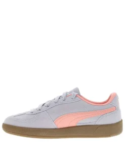 Tennis mauves en cuir à semelle marron avec logo rose et or et lacets plats