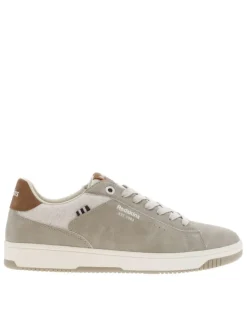 Tennis beiges avec des détails camel à semelle plate et à lacets plats