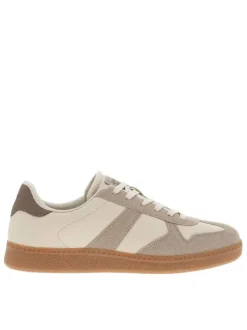 Tennis beiges avec des empiècements marrons à talon plat et à lacets plats