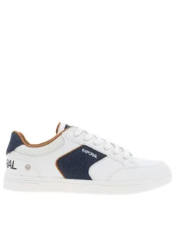 Tennis blanches avec des détails bleus denim à semelle plate et à lacets plats