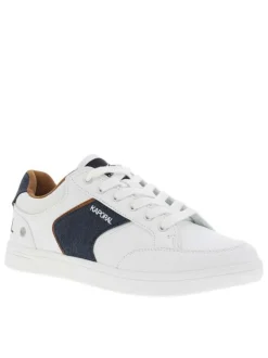 Tennis blanches avec des détails bleus denim à semelle plate et à lacets plats