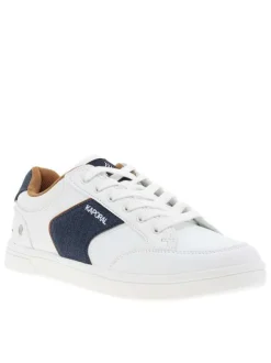 Tennis blanches avec des détails bleus denim à semelle plate et à lacets plats