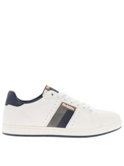 Tennis blanches à talon plat avec la marque en relief et des lacets blancs