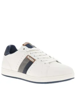 Tennis blanches à talon plat avec la marque en relief et des lacets blancs