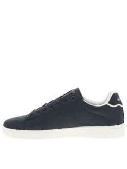 Tennis bleues marine avec le nom de la marque à semelle plate et à lacets plats