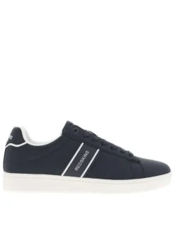 Tennis bleues marine avec le nom de la marque à semelle plate et à lacets plats