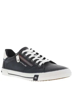 Tennis bleues marine avec un zip tricolore à lacets plats blancs