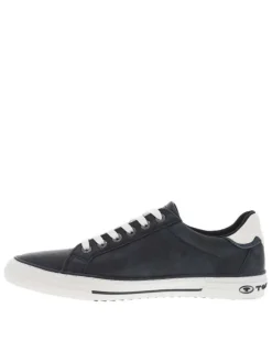 Tennis bleues marine avec un zip tricolore à lacets plats blancs