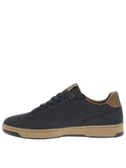 Tennis bleu marine à talon plat avec des lacets et nom de la marque en relief