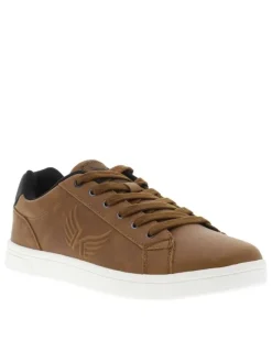 Tennis cognac à talon plat avec un logo en relief sur le côté