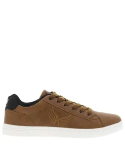 Tennis cognac à talon plat avec un logo en relief sur le côté