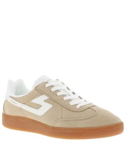 Tennis en cuir beiges en suède à détails blancs et à semelle plate miel